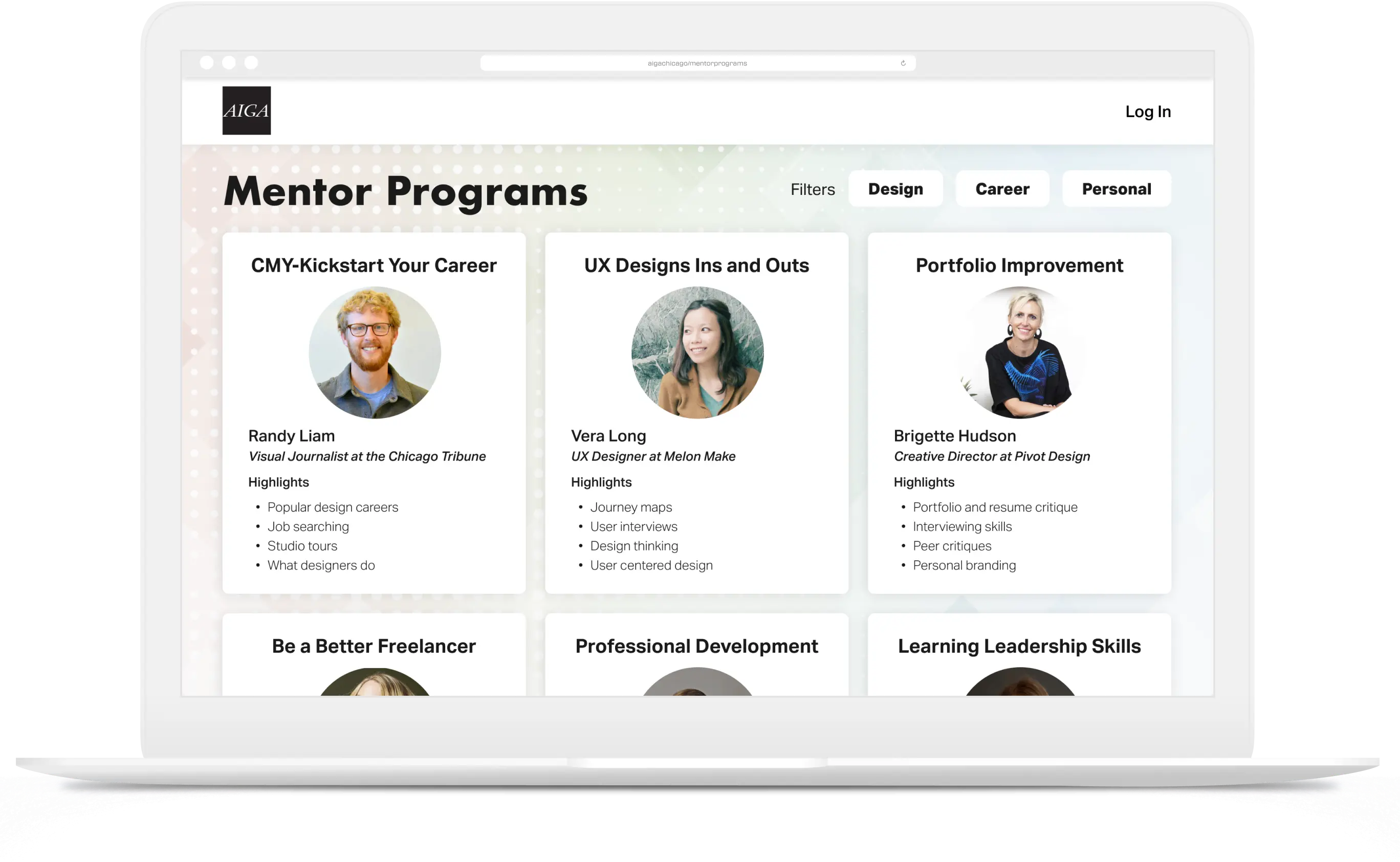 A mockup of AIGA Chicago's Mentorship Program's homepage.