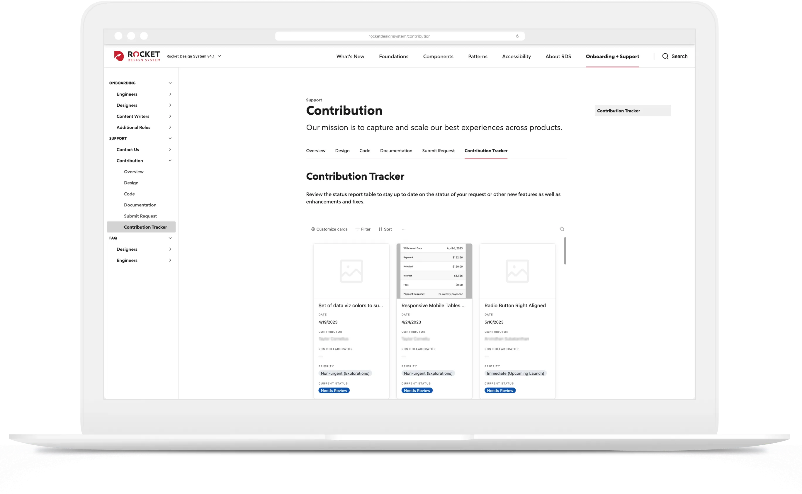 A mockup of Rocket Design System's contribution page, including a contribution tracker to check status.