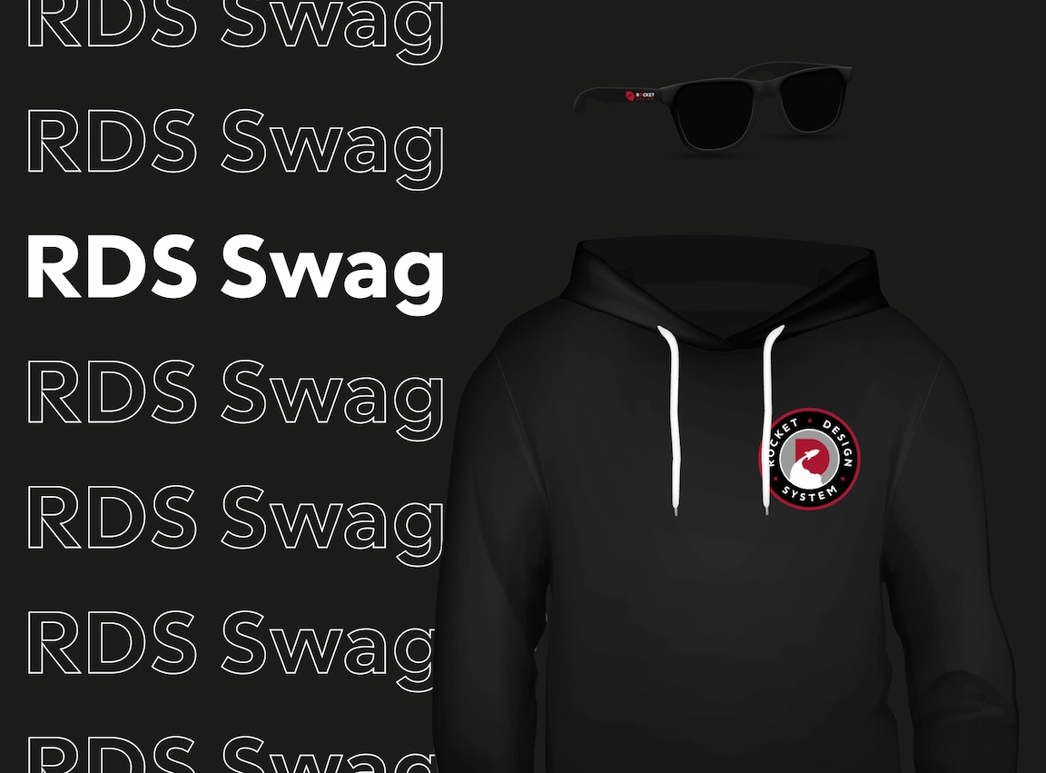 A graphic for RDS Swag that includes a branded hoodie and sunglasses with the Rocket Design System logo.