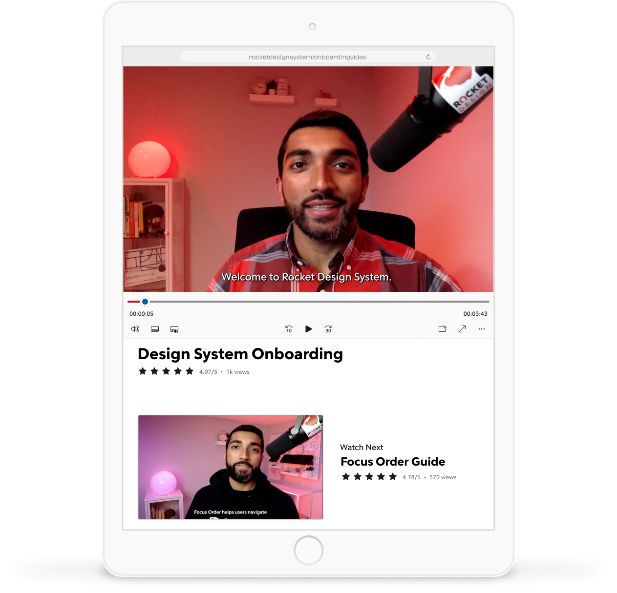 A mockup showing training videos for Rocket Design System with Bejoy, including Design System Onboarding and a Focus Order Guide.